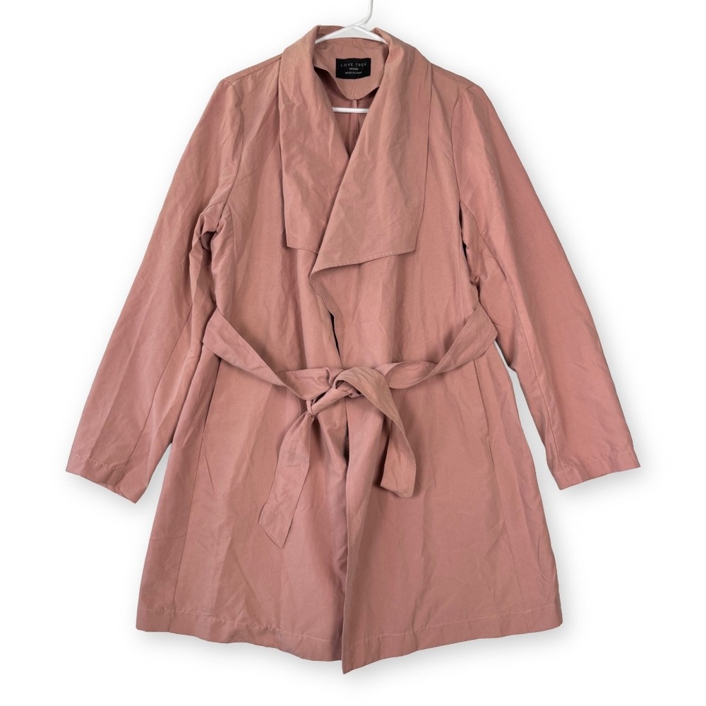 Love Tree Womens Dusty Rose Open Front Belted Trench Coat Jacket Medium 8934JY